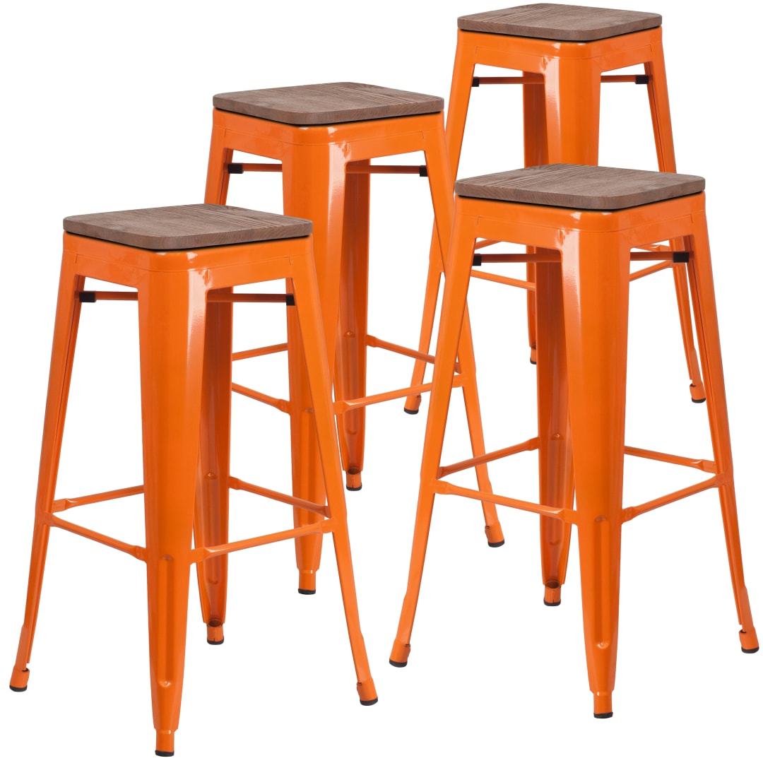 Lily 4 Pk. 30" High Backless Orange Metal Barstool with Square Wood Seat