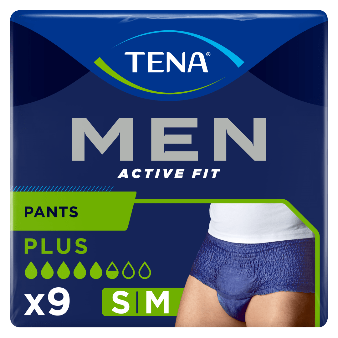 TENA Men Active Fit Pants Plus – Incontinence Pants for Men, Heavy Urine Leakage, Triple Protection Against Leaks, Odour &amp; Moisture, Comfortable Underwear-Like Fit - S/M Pack of 9