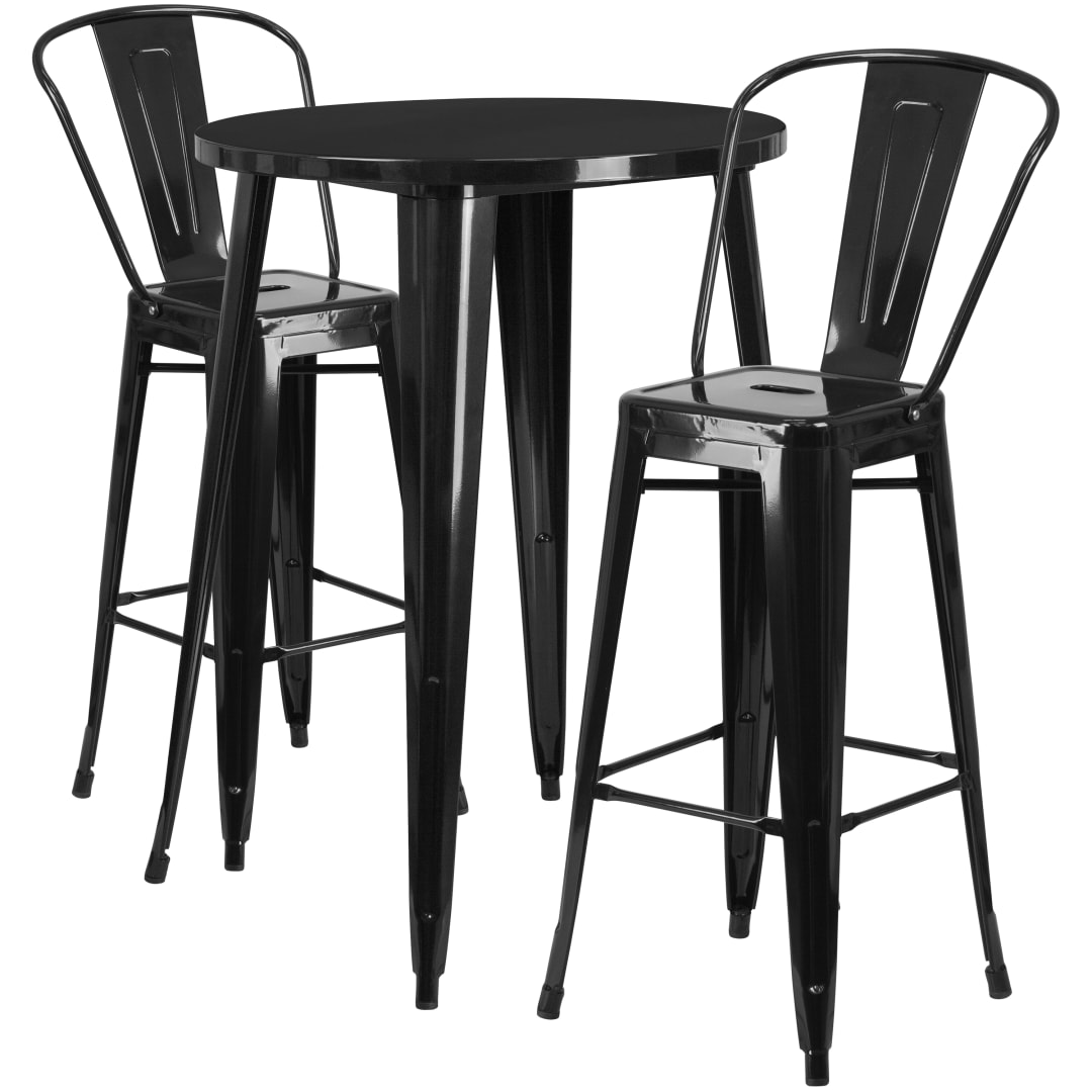 Caron Commercial Grade 30" Round Black Metal Indoor-Outdoor Bar Table Set with 2 Cafe Stools