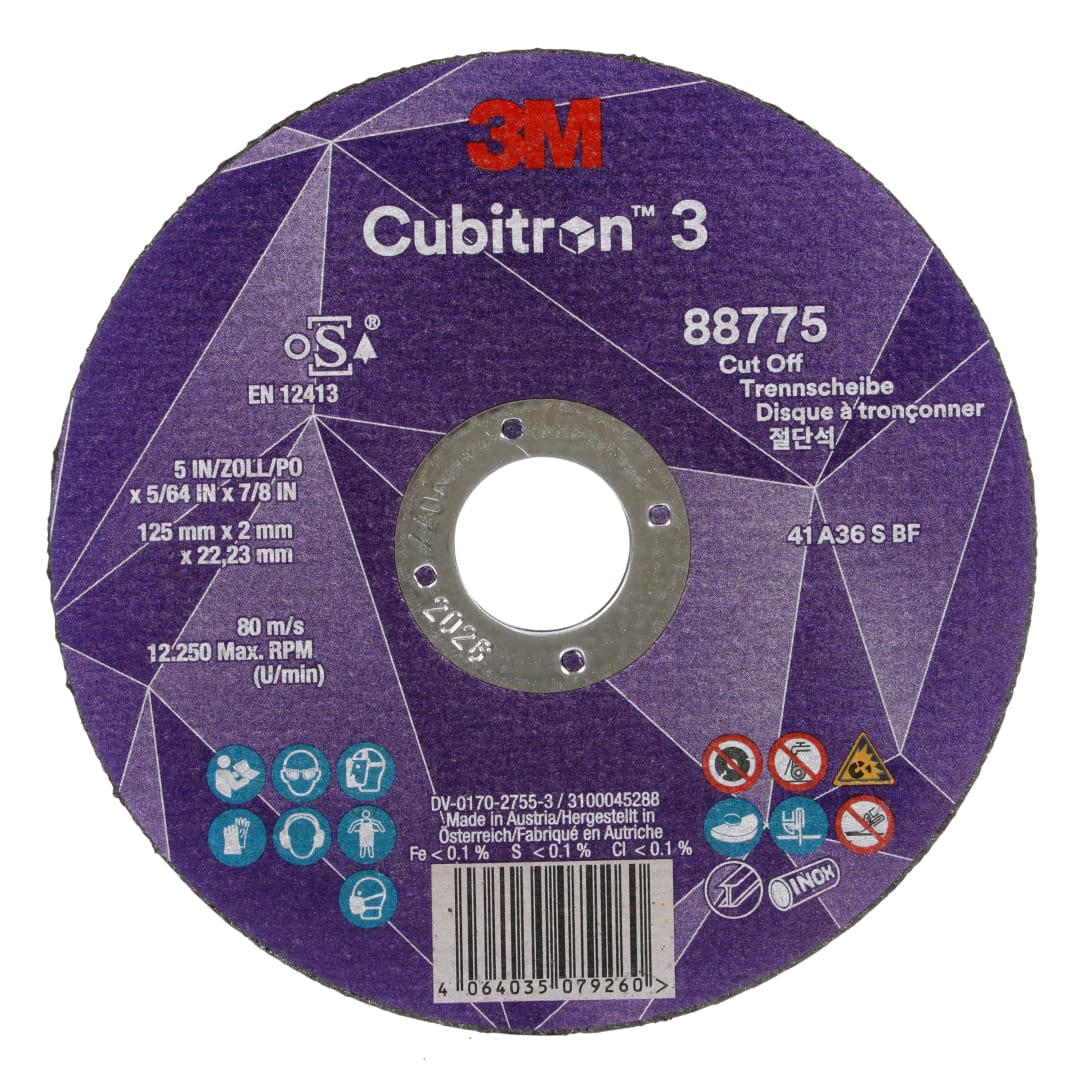 3M™ Cubitron™ 3 Kesme Taşı, 88775, 36+, T41, 125 mm x 2 mm x 22,23 mm, EN, 25/Paket, 50 adet/Kutu