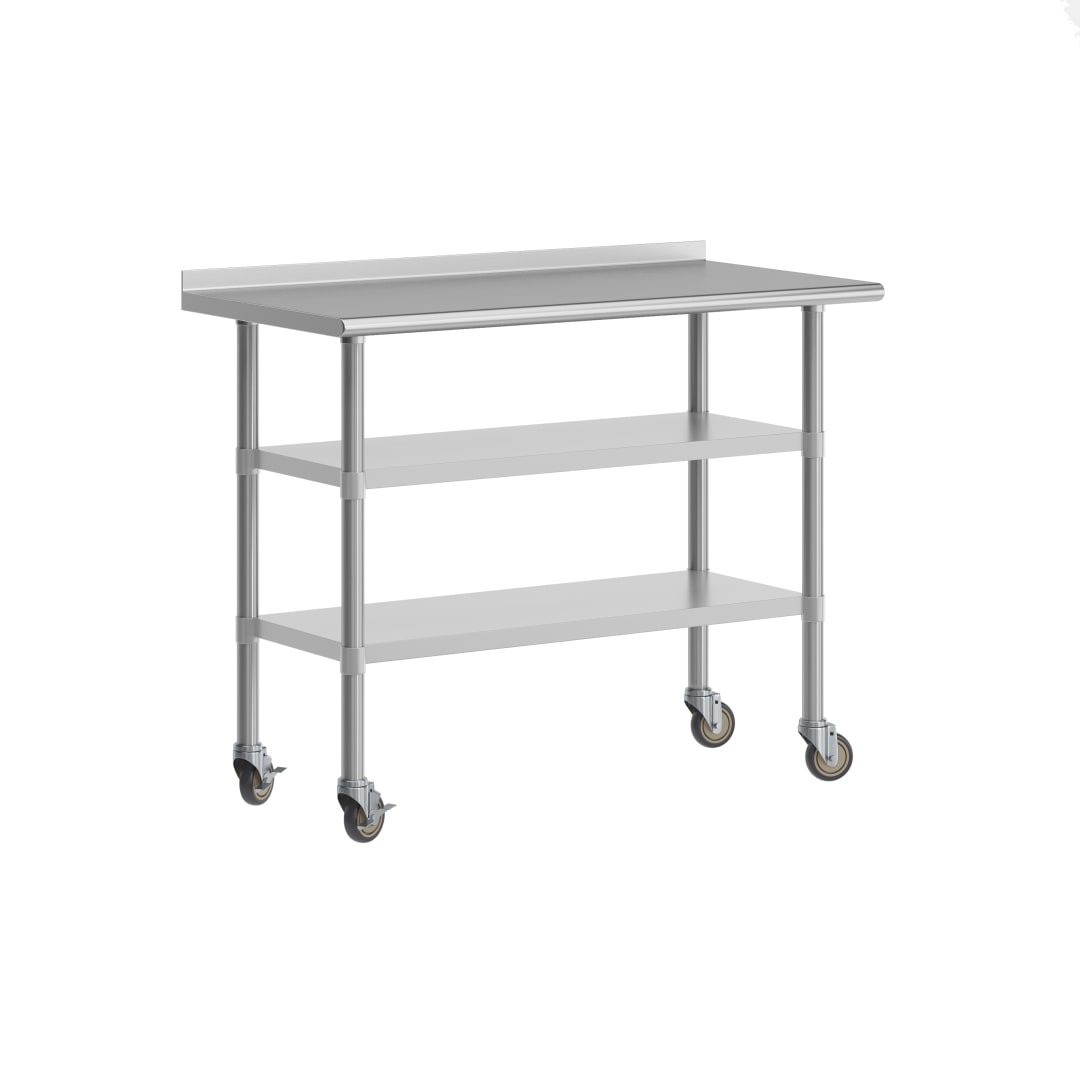 Rawcliffe NSF Certified Stainless Steel Prep and Work Table 24"x 48" with 1.5" Backsplash, 2 Galvanized Steel Undershelves and 4 Casters, 2 Locking
