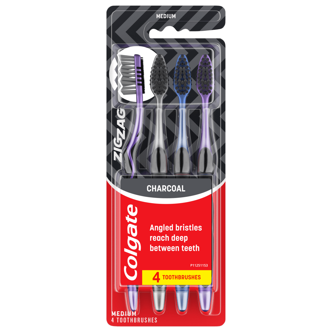 Colgate ZigZag Charcoal Adult Medium Toothbrushes, 4 Pack
