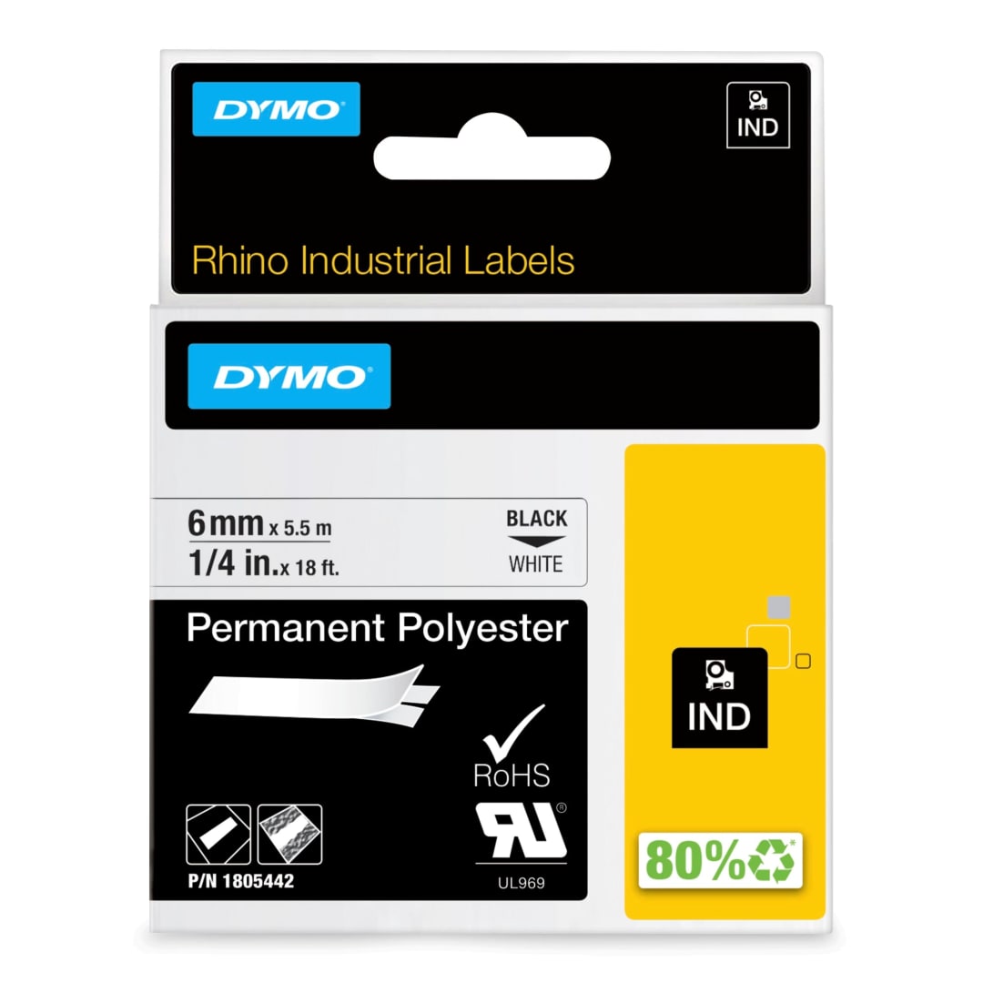 DYMO® Rhino Industrial Permanent Polyester Labels, 1/4", Black Print on White Tape