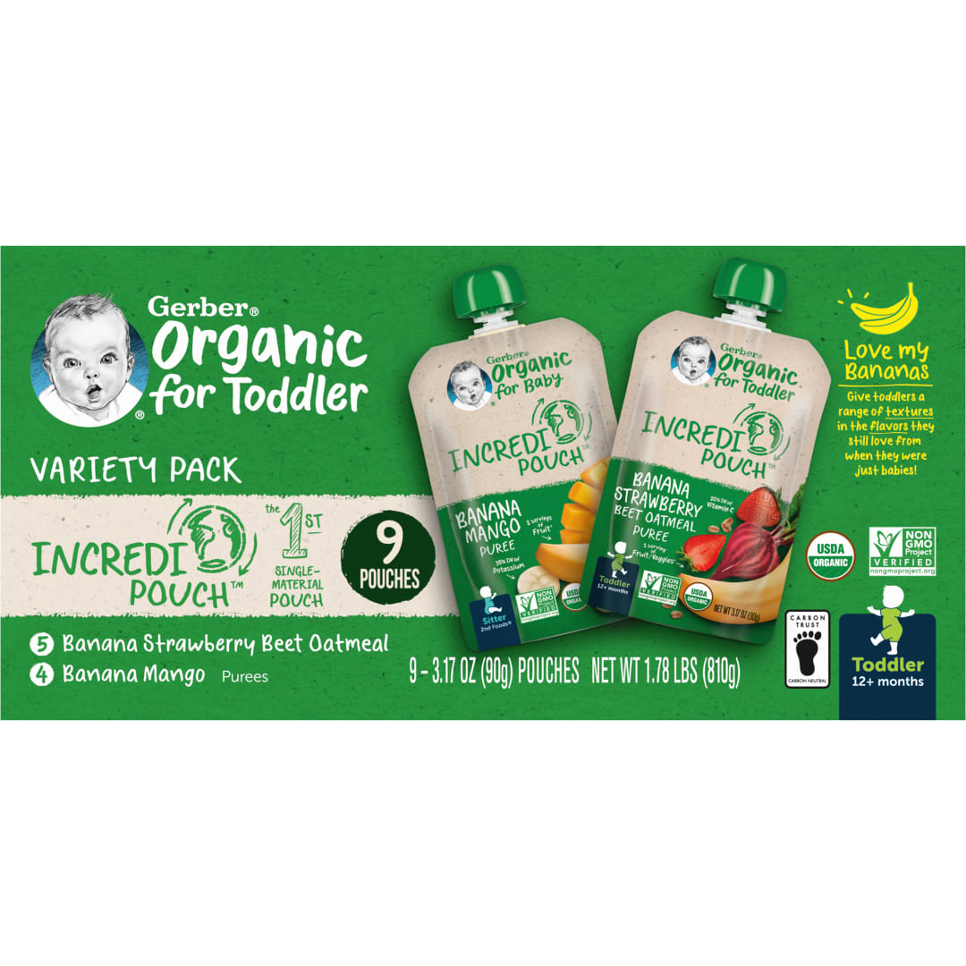 Gerber Organic Toddler Food, Banana Mango and Banana Strawberry Beet Oatmeal Pouch Variety Pack, 3.17 oz Pouch, 9 Pack