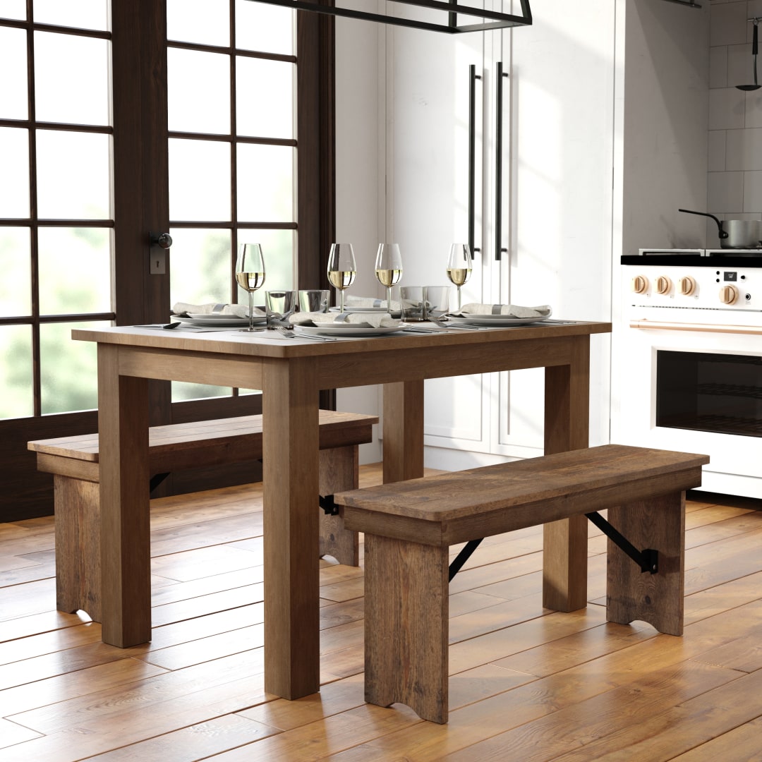 HERCULES 46" x 30" Rectangular Antique Rustic Solid Pine Farm Dining Table