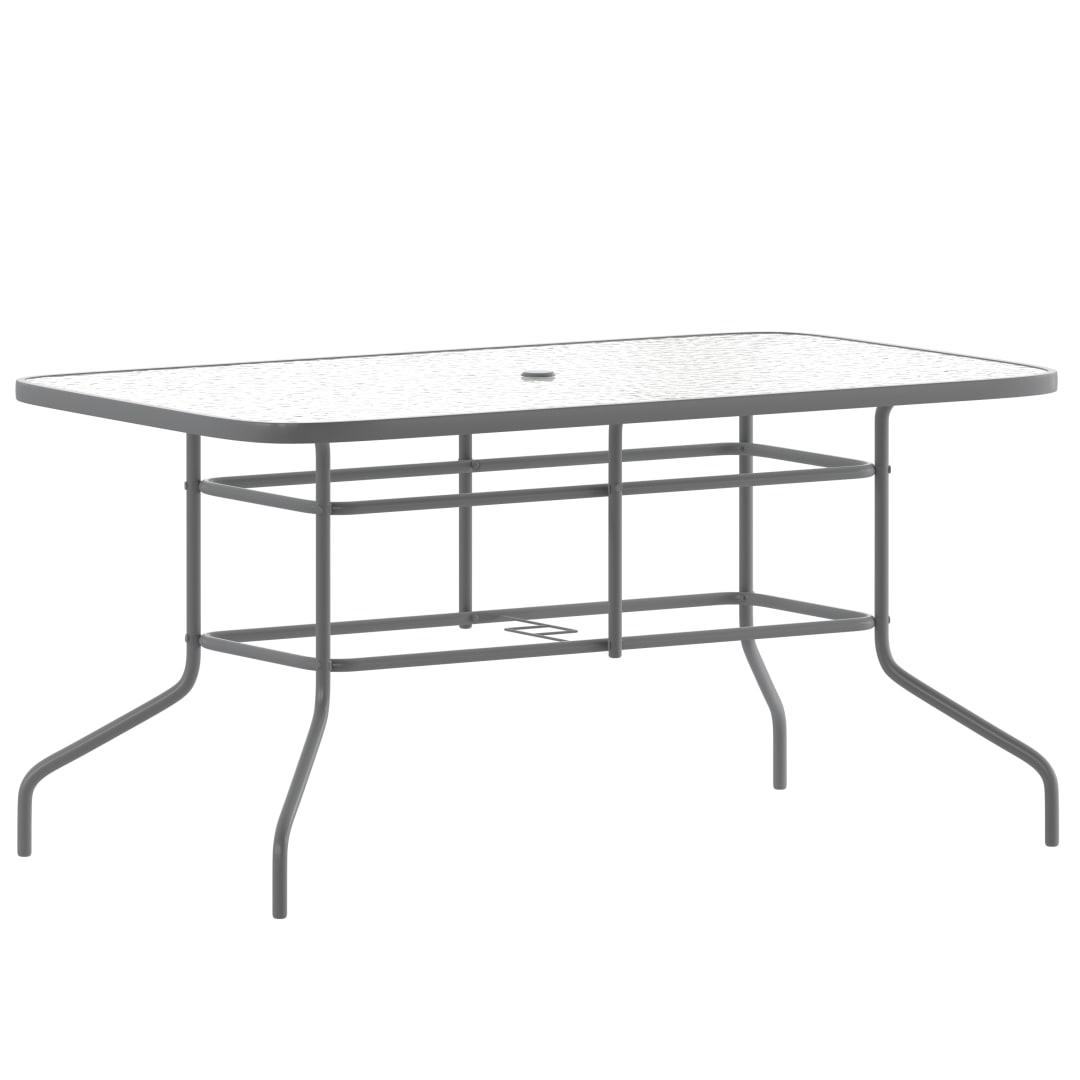 Tory 31.5" x 55" Silver Rectangular Tempered Glass Metal Table with Umbrella Hole