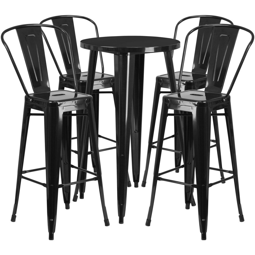Dexter Commercial Grade 24" Round Black Metal Indoor-Outdoor Bar Table Set with 4 Cafe Stools