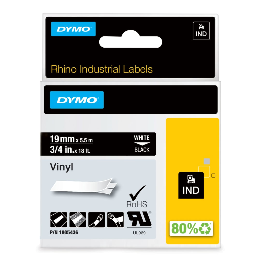 DYMO® Rhino Industrial Vinyl Labels, 3/4", White Print on Black Tape