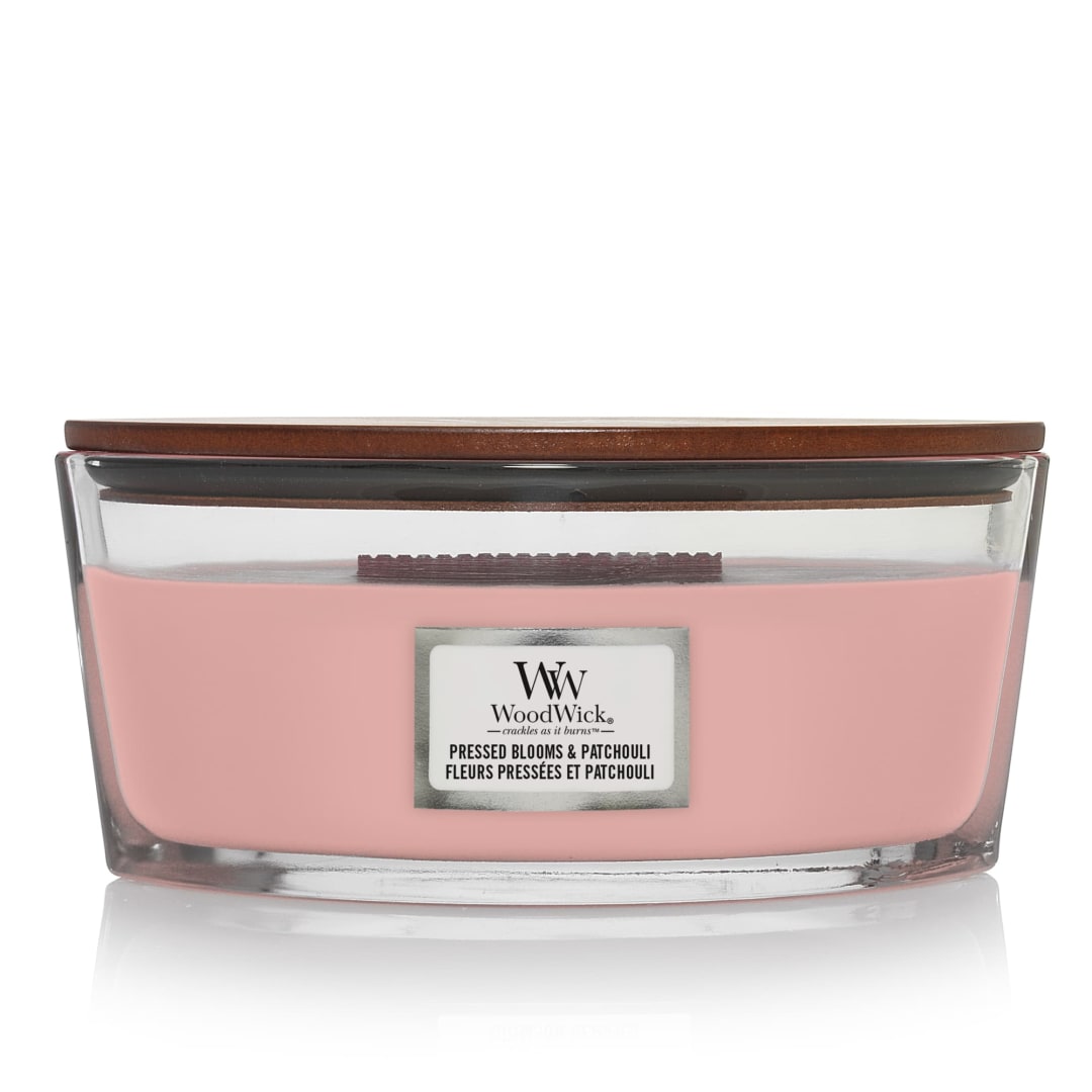 WoodWick Ellipse Vela perfumada mecha crepitante | Flores prensadas y pachulí | Hasta 50 horas de duración