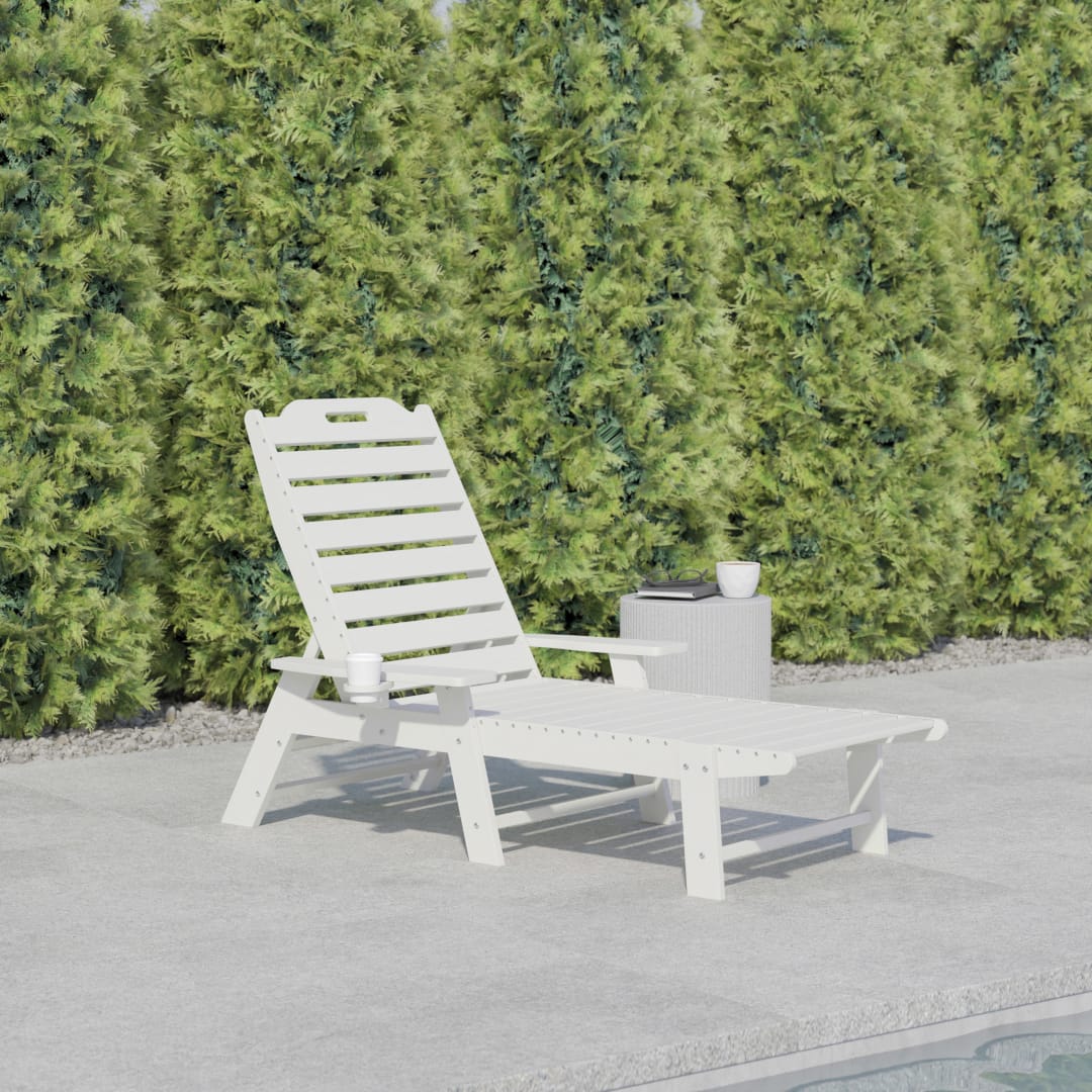 Monterey Adjustable Adirondack Lounger with Cup Holder- All-Weather Indoor/Outdoor HDPE Lounge Chair in White