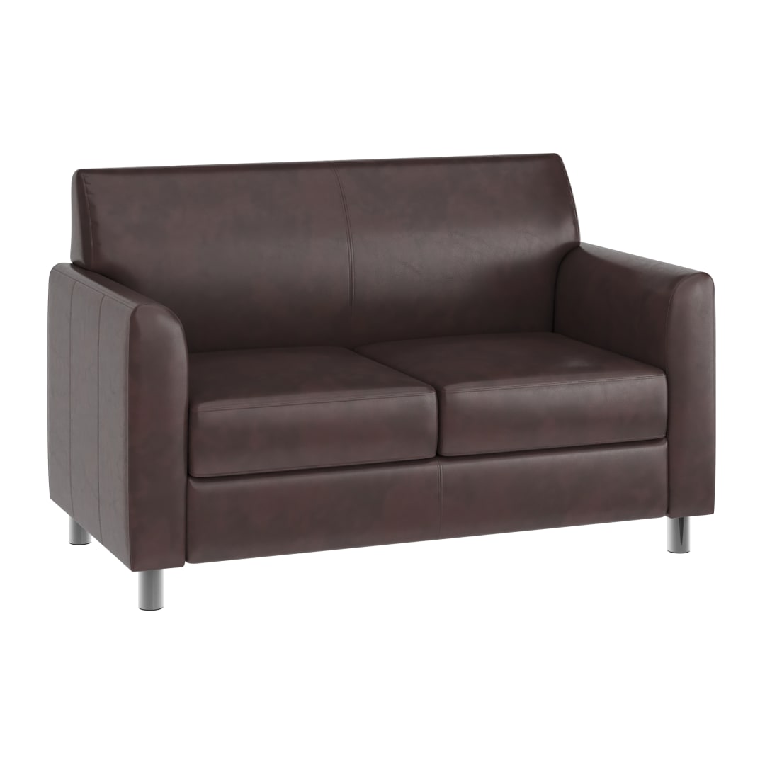 HERCULES Diplomat Brown LeatherSoft Loveseat with Clean Line-Stitched Frame and Chrome Legs