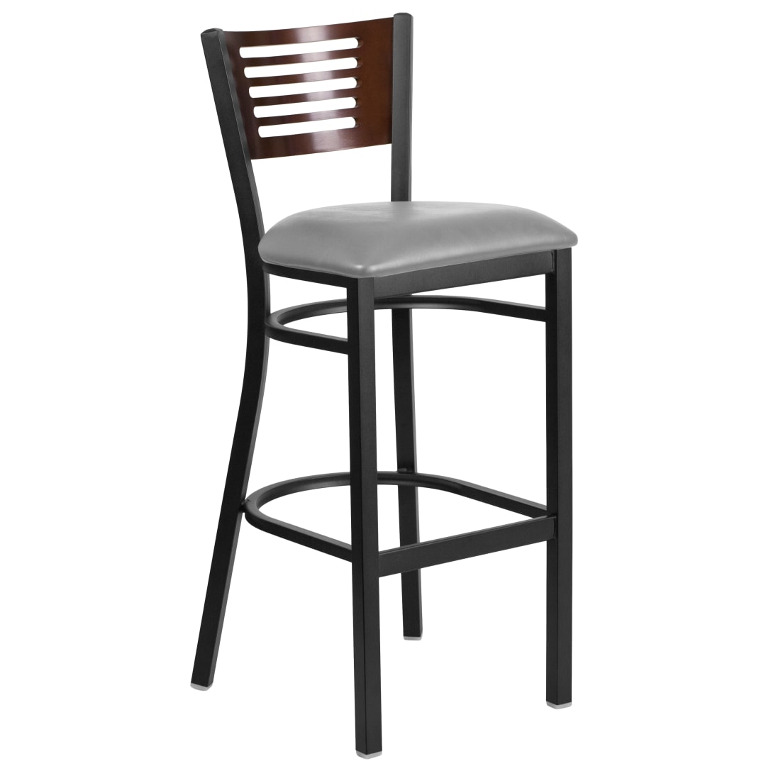 HERCULES Series Black Slat Back Metal Restaurant Barstool - Walnut Wood Back, Custom Upholstered Seat