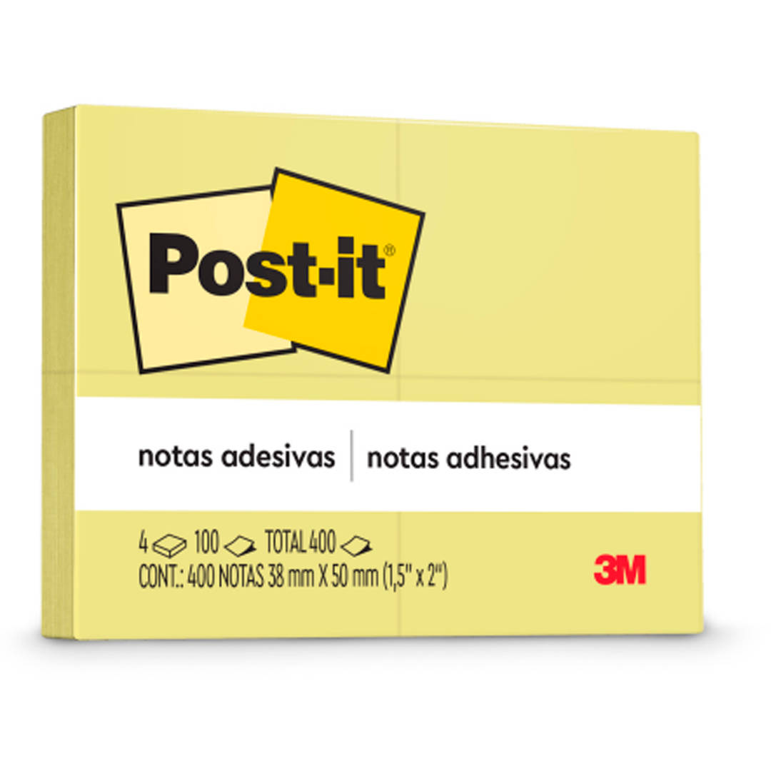 Bloco de Notas Adesivas Post-it®, Amarelo, 38 mm x 50 mm, 4 Blocos, 100 Folhas/ 1 Bloco