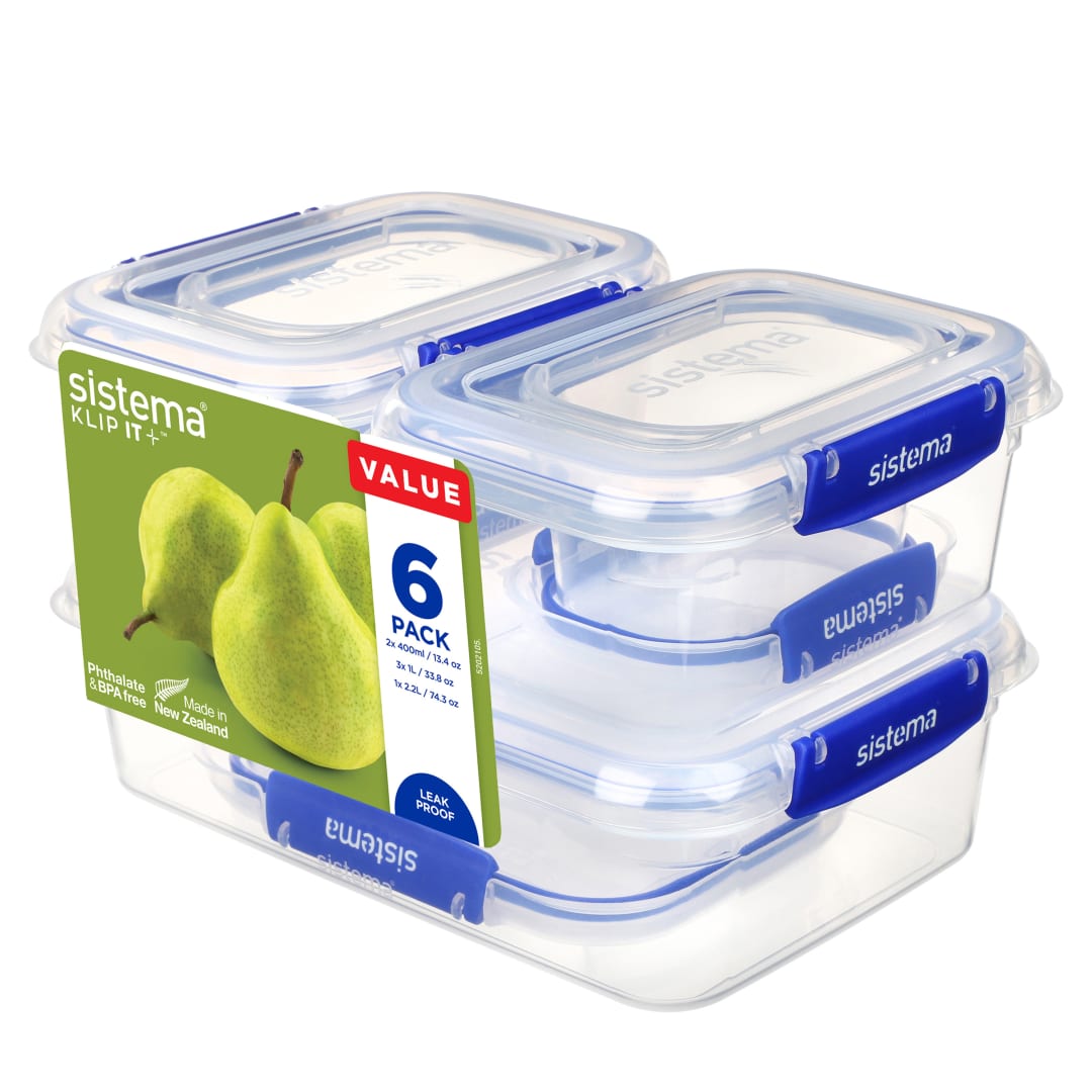 Sistema KLIP IT PLUS recipientes para guardar alimentos | Juego de recipientes herméticos de 6 unidades (2 x 400 ml3 x 1 l1 x 2,2 l) | Sellado a prueba de fugas | Clips de cierre sencillo