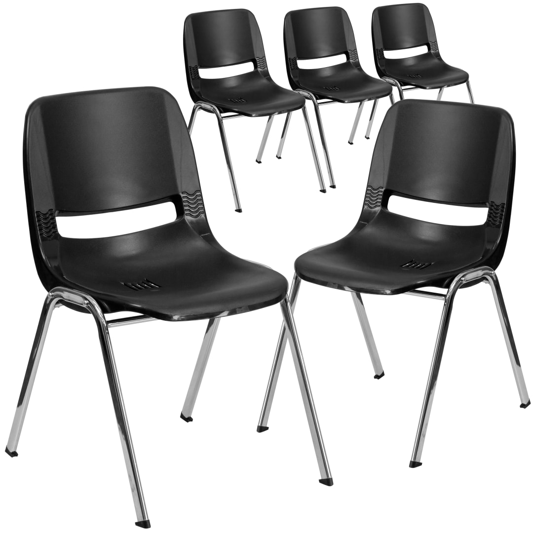 5 Pack HERCULES Series 661 lb. Capacity Black Ergonomic Shell Stack Chair with Chrome Frame and 16'' Seat Height