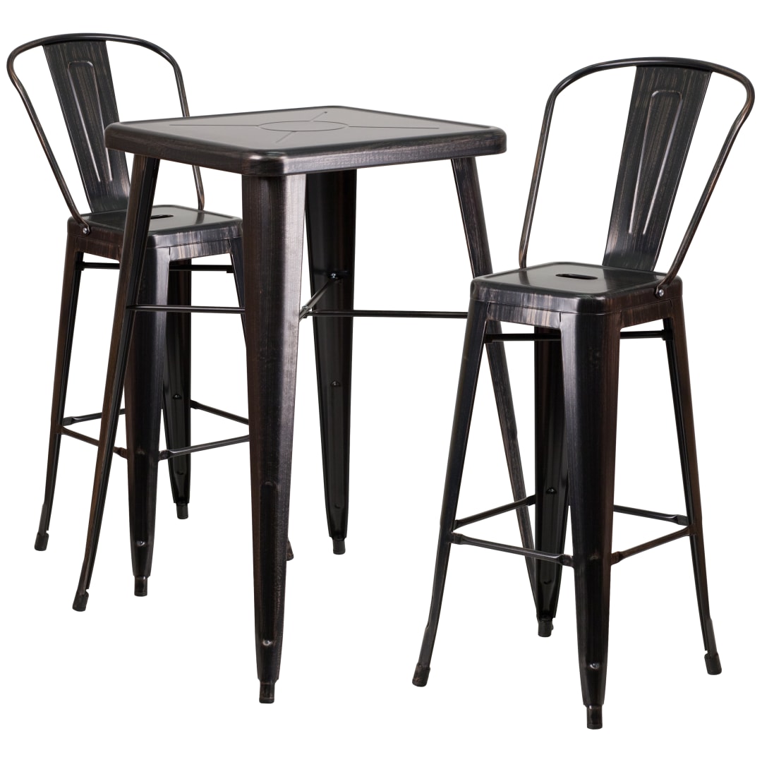 Gable Commercial Grade 23.75" Square Black-Antique Gold Metal Indoor-Outdoor Bar Table Set with 2 Stools with Backs