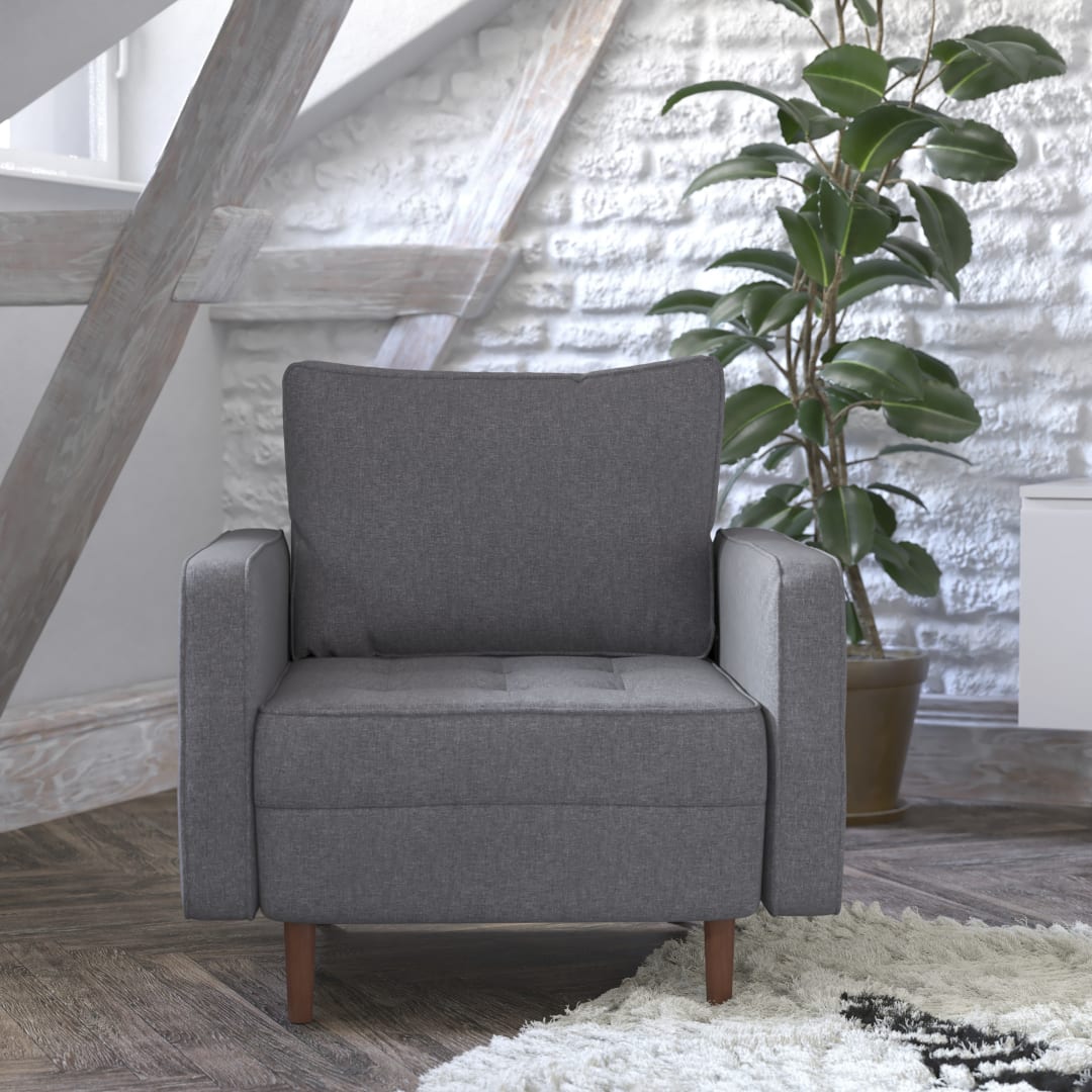 Hudson Mid-Century Modern Commercial Grade Armchair with Tufted Faux Linen Upholstery &amp; Solid Wood Legs in Dark Gray