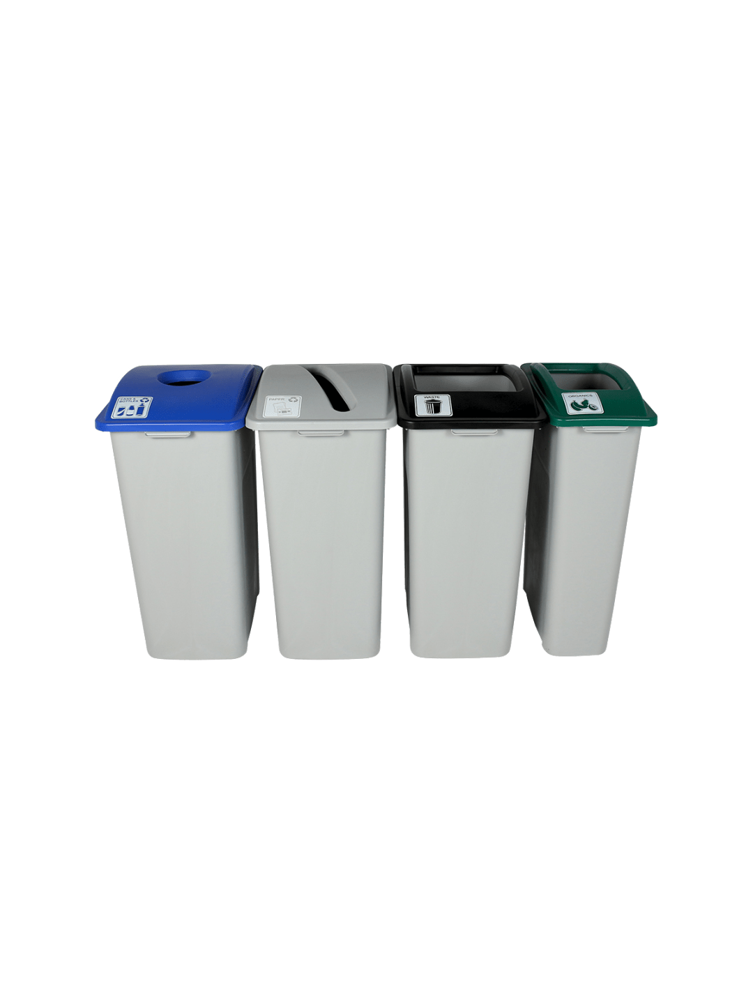  WASTE WATCHER - Quad - Kit - Xl - Cans &amp; Bottles-Paper-Organics-Waste - Circle-Slot-Full - Grey-Blue-Grey-Green-Black