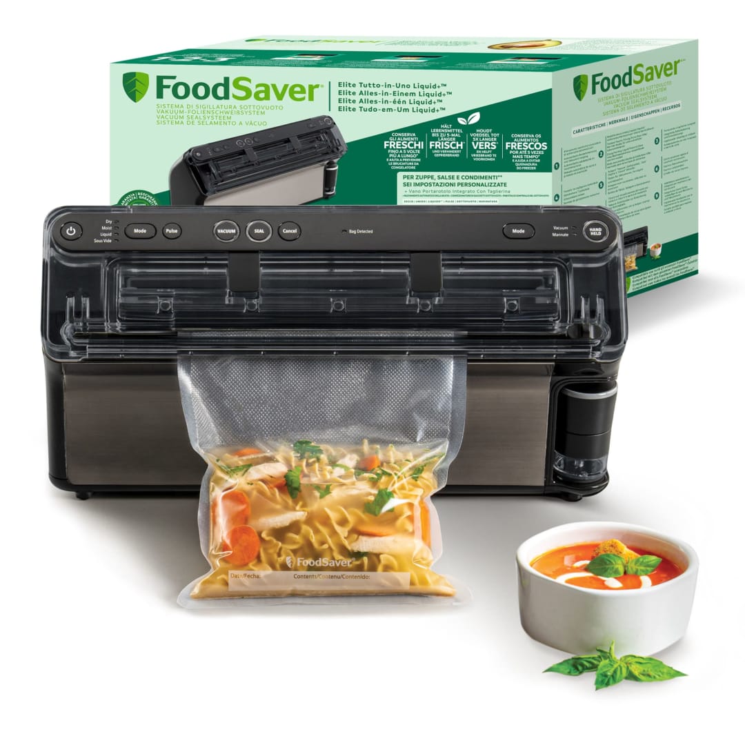 FoodSaver Elite All-in-One Liquid+ Vacuum Sealer Machine | Keeps Food Fresh Up to 5x Longer* | Liquid Sealing Mode | With 1 x Roll (28 cm x 2.43 m) & 4 x Vacuum Sealer Bags (0.94 L & 3.78 L)