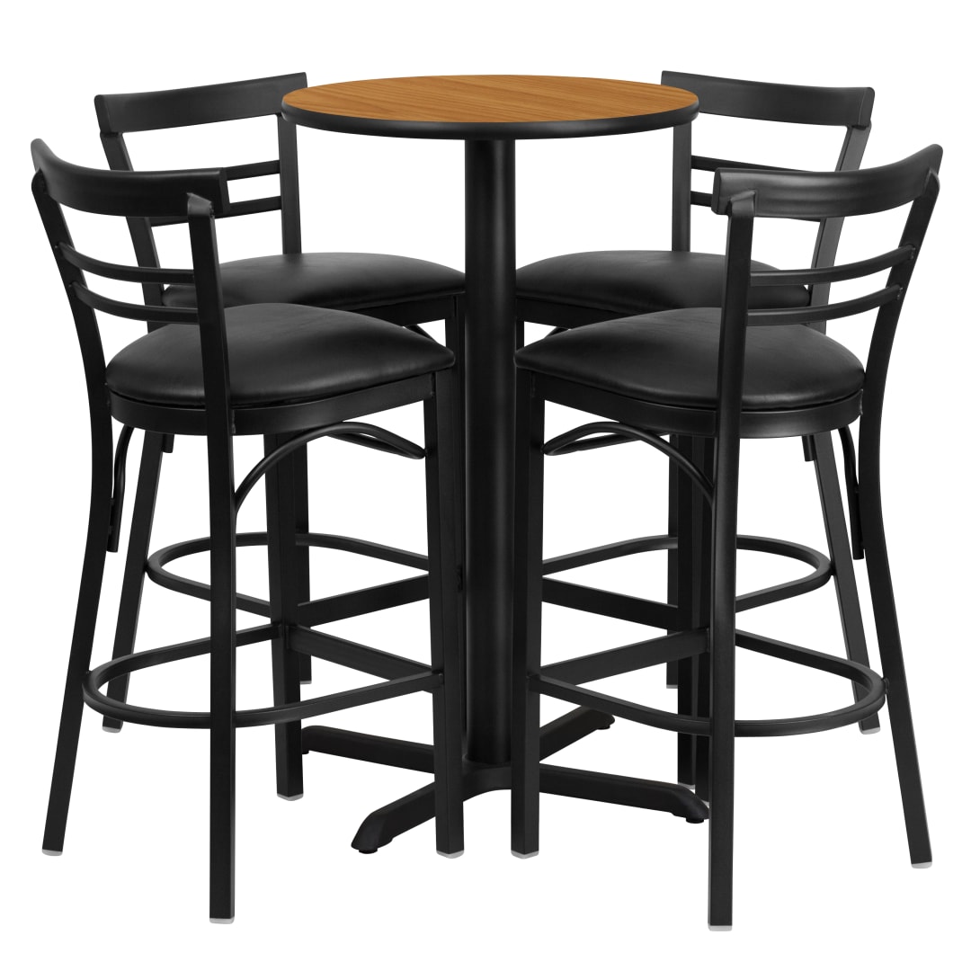 Carlton 24'' Round Natural Laminate Table Set with X-Base and 4 Two-Slat Ladder Back Metal Barstools - Black Vinyl Seat