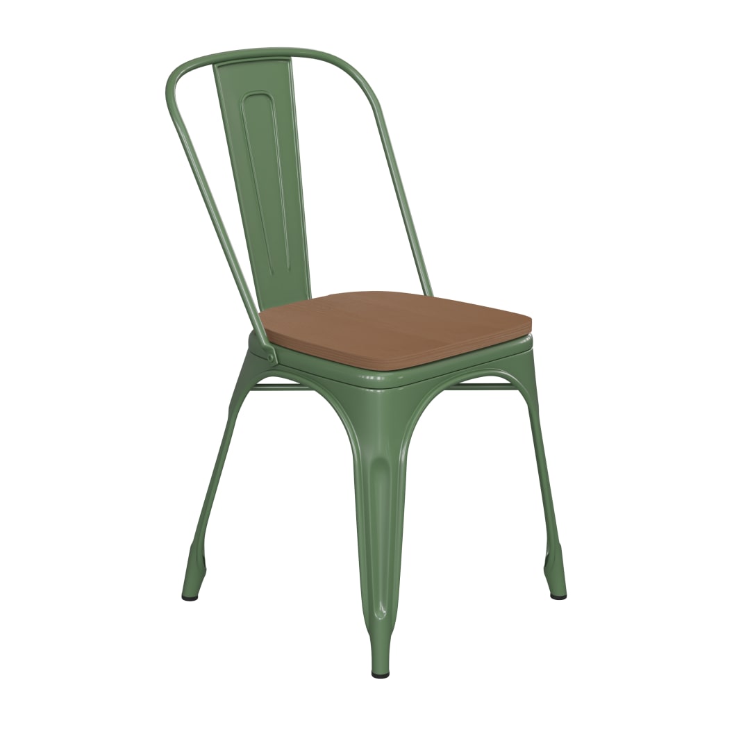 Perry Commercial Grade Green Metal Indoor-Outdoor Stackable Chair with Teak Poly Resin Wood Seat
