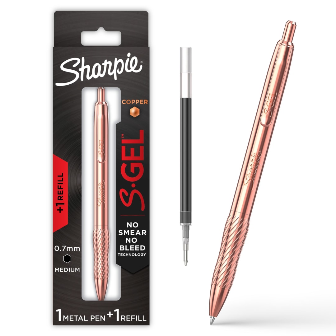 Sharpie® S-Gel, Gel Pen, Copper Metal Body, Medium Point (0.7mm), Black Ink, Includes 1 Pen and 1 Additional Ink Refill