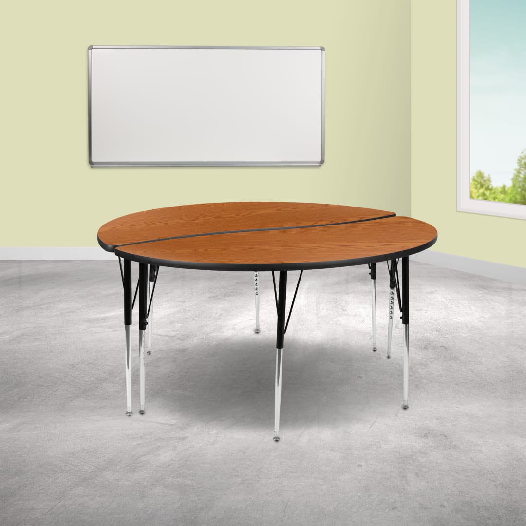 Emmy 2 Piece Emmy 60" Circle Wave Flexible Oak Thermal Laminate Activity Table Set - Standard Height Adjustable Legs