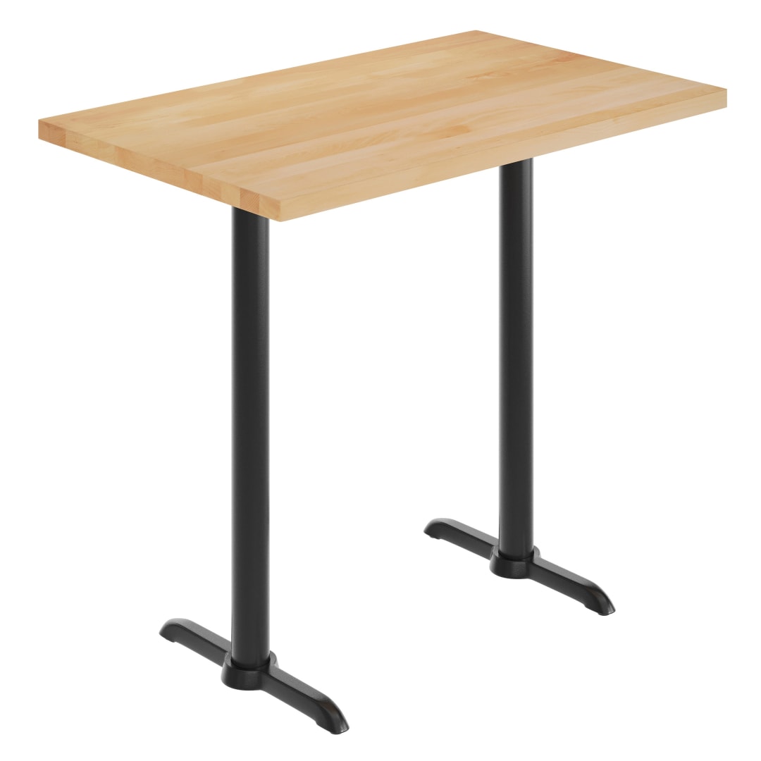 Bennett 30" x 48" Solid Wood Commercial Indoor Tabletop in Natural with Dual 5" x 22" Bar Height Rust-Resistant Black Cast Iron T-Bases
