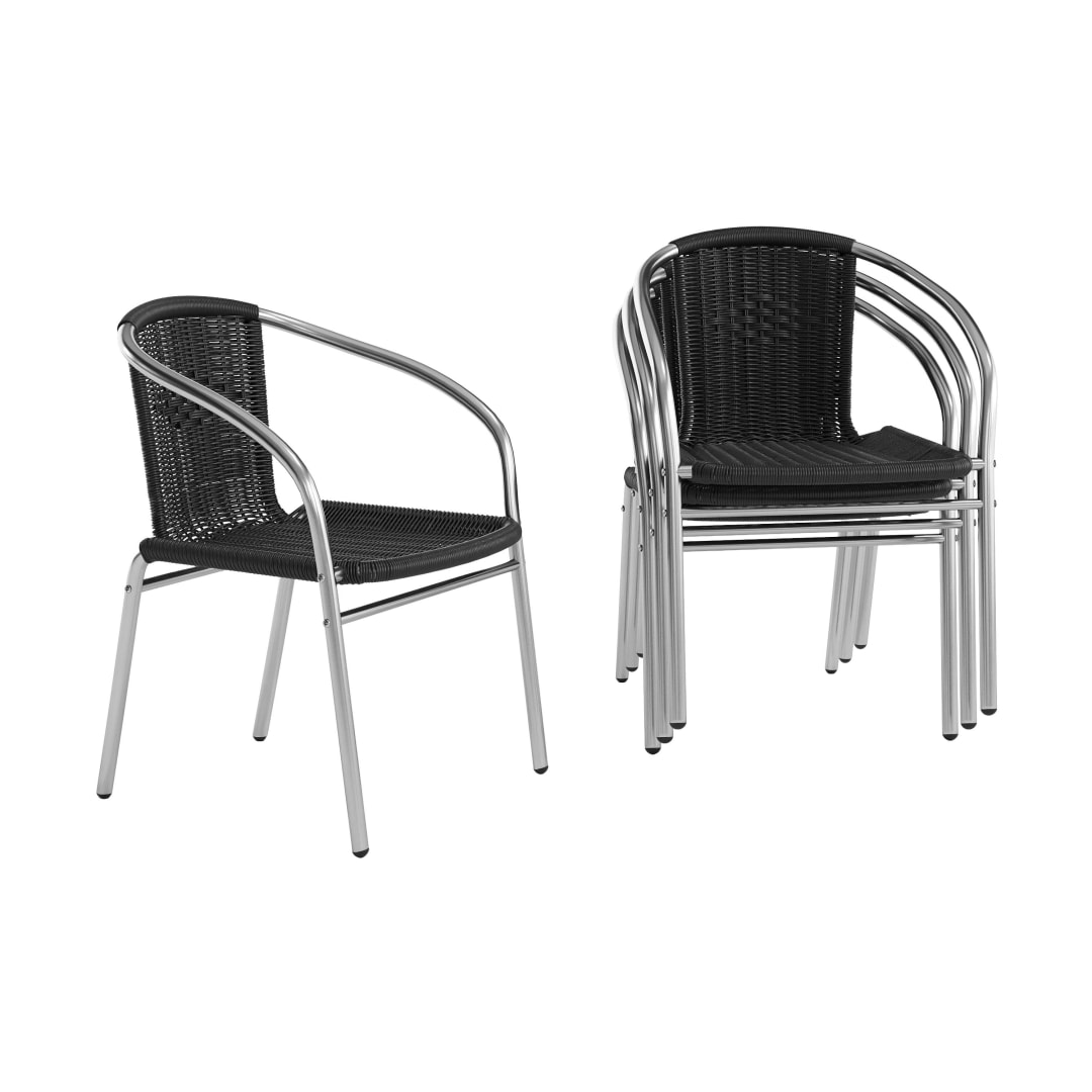 Lila 4 Pack Commercial Aluminum and Black Rattan Indoor-Outdoor Restaurant Stack Chair