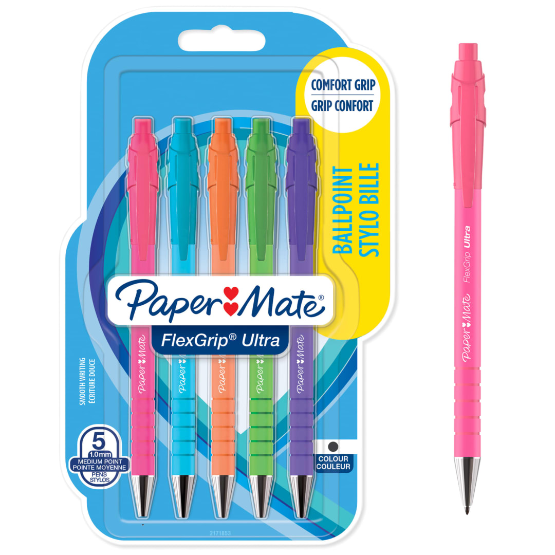 Paper Mate® FlexGrip® Ultra® Bright Ballpoint Pens | Medium Point (1.0mm) | Black Ink | Bright Barrels | 5 Count