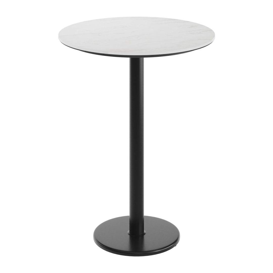 TopGuard 31.25" Round Tabletop, Seamless Surface Technology, White Faux Marble, 18" Round Black Bar Height Base, Moisture, Scratch, Heat, UV Resistant