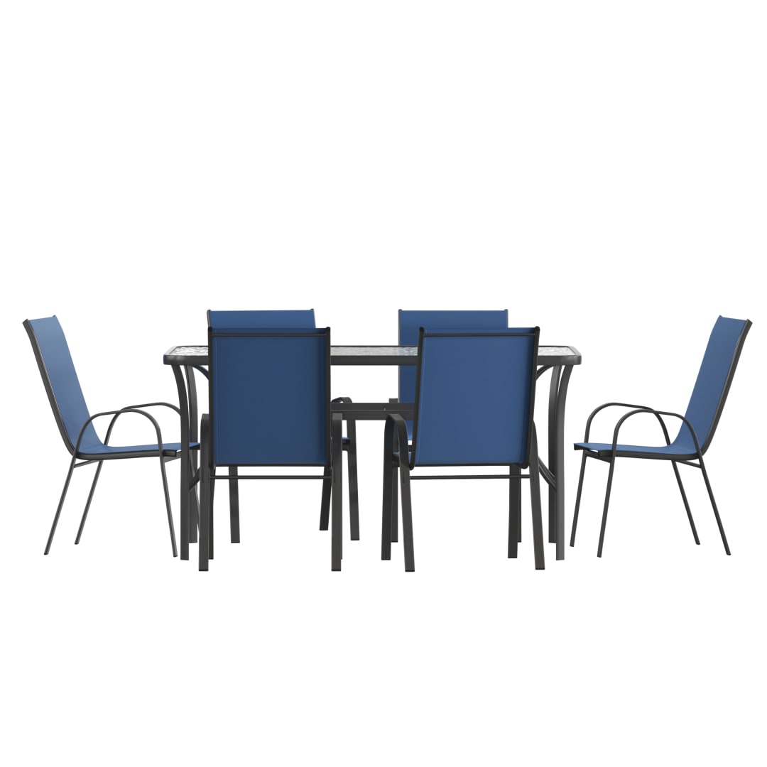 Brazos 7 Piece Commercial Grade Patio Dining Set with Tempered Glass Patio Table and 6 Chairs with Navy Flex Comfort Material Seats and Backs