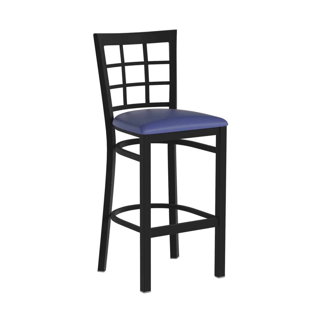 HERCULES Black Window Back Metal Restaurant Barstool - Blue Vinyl Seat