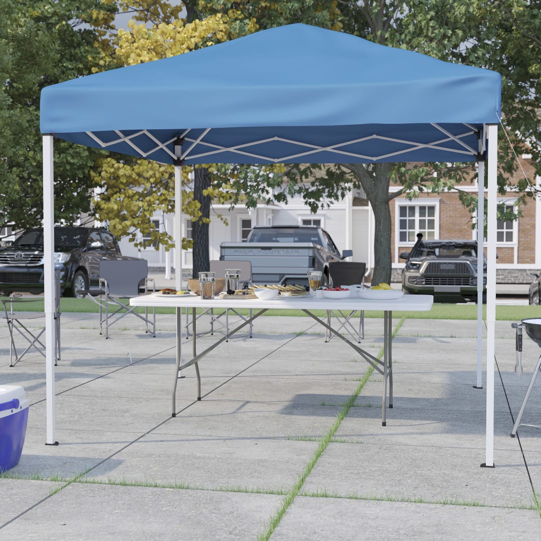 Otis 8'x8' Blue Pop Up Event Canopy Tent with Carry Bag and 6-Foot Bi-Fold Folding Table with Carrying Handle - Tailgate Tent Set