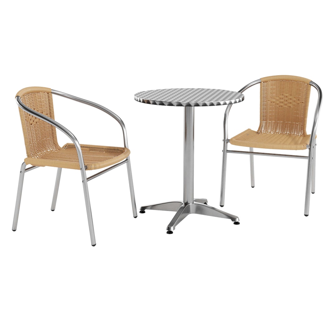 Lila 23.5'' Round Aluminum Indoor-Outdoor Table Set with 2 Beige Rattan Chairs