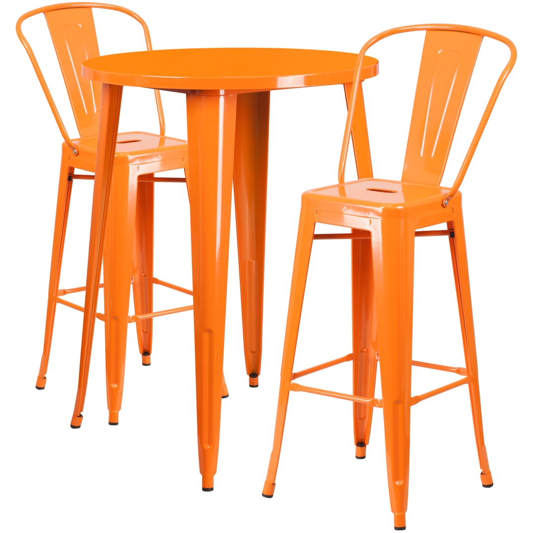 Caron Commercial Grade 30" Round Orange Metal Indoor-Outdoor Bar Table Set with 2 Cafe Stools