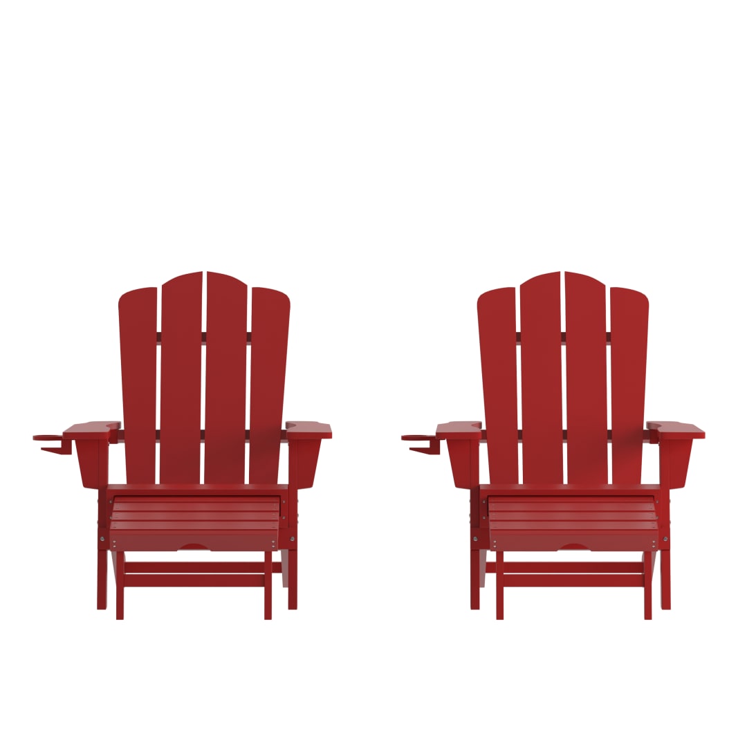 Newport HDPE Adirondack Chair with Cup Holder and Pull Out Ottoman, All-Weather HDPE Indoor/Outdoor Lounge Chair in Red, Set of 2