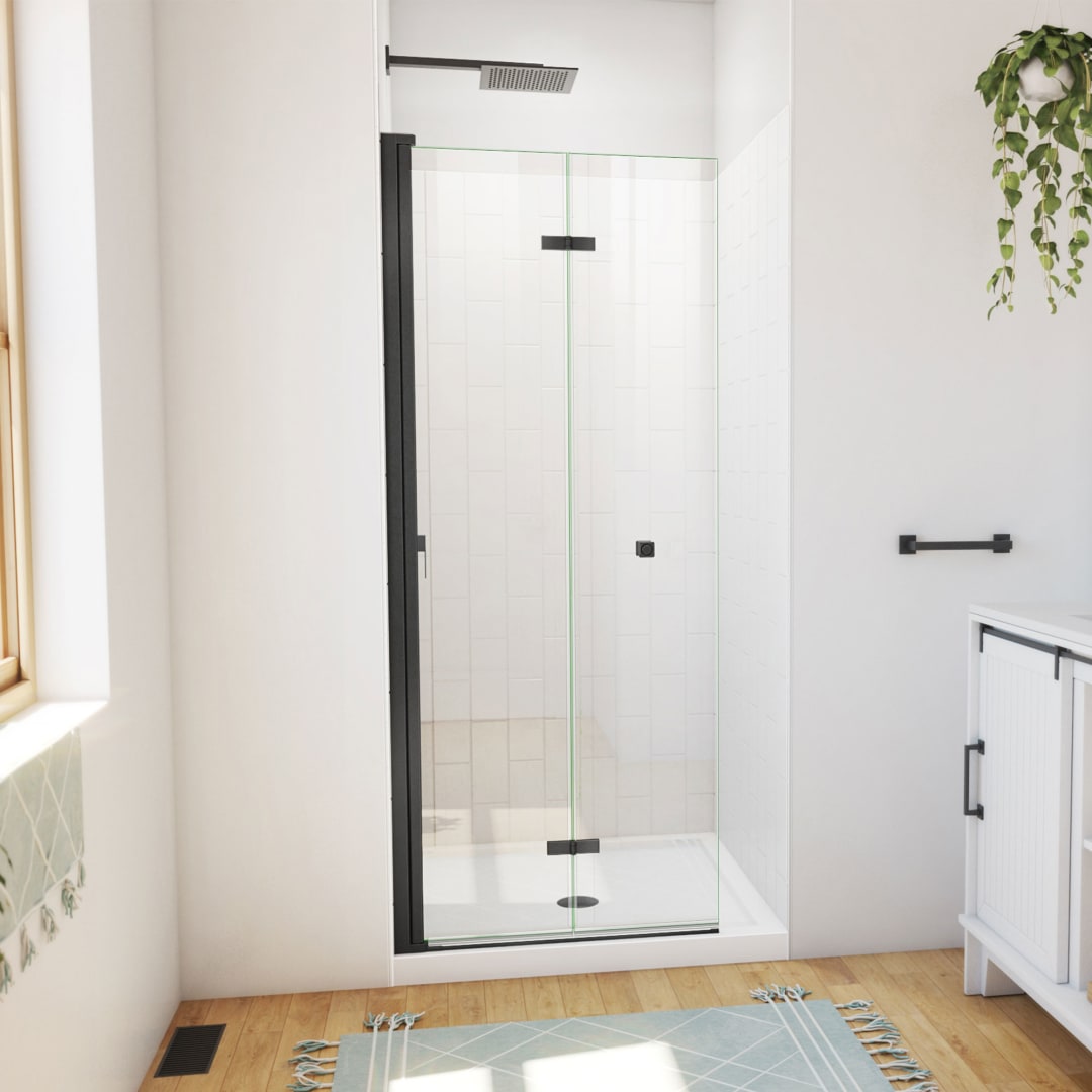 DreamLine Aqua-Q Fold 32 inch D x 32 inch W x 78 3/4 inch H Frameless Bi-fold Shower Door in Matte Black, Shower Base, and Wall Kit in White
