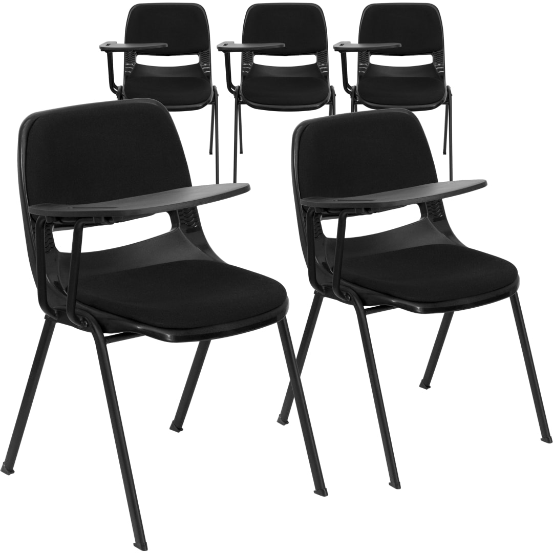 HERCULES 5 Pack Black Padded Ergonomic Shell Chair with Right Handed Flip-Up Tablet Arm