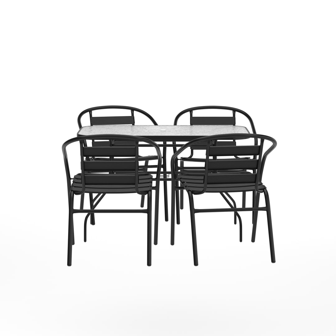 Lila 5 Piece Commercial Outdoor Patio Dining Set with 47" Tempered Glass Patio Table with Umbrella Hole and 4 Black Triple Slat Chairs
