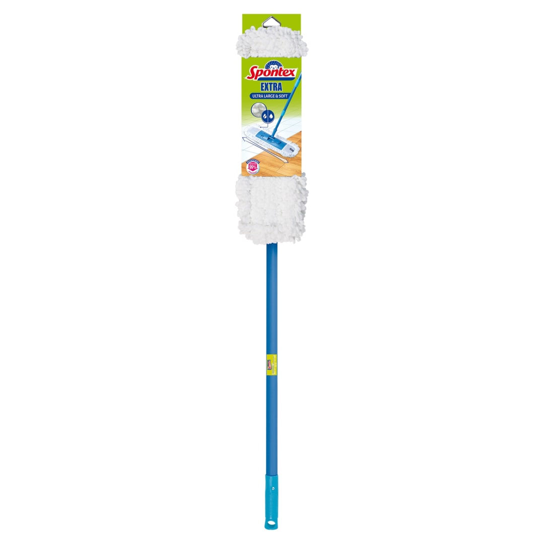 Spontex Extra Mopa extraplana - Mopa versátil de microfibras para superficies secas y húmedas - Longitud ajustable (80-140cm) - Limpia suelos laminados, de madera y baldosas