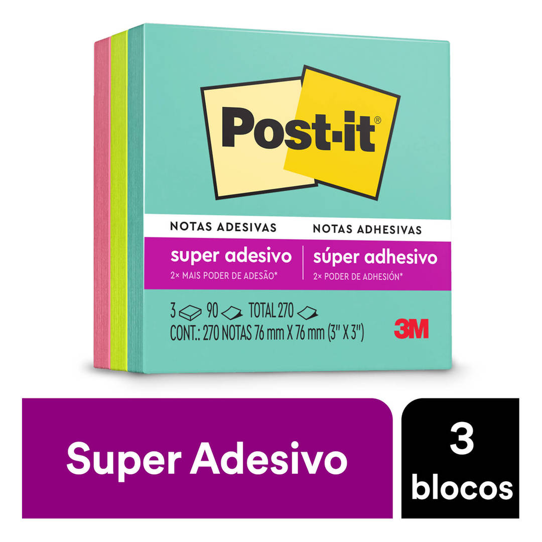 Bloco de Notas Super Adesivas Post-it®, Coleção Supernova Neon, 76 mm x 76 mm, 3 Blocos