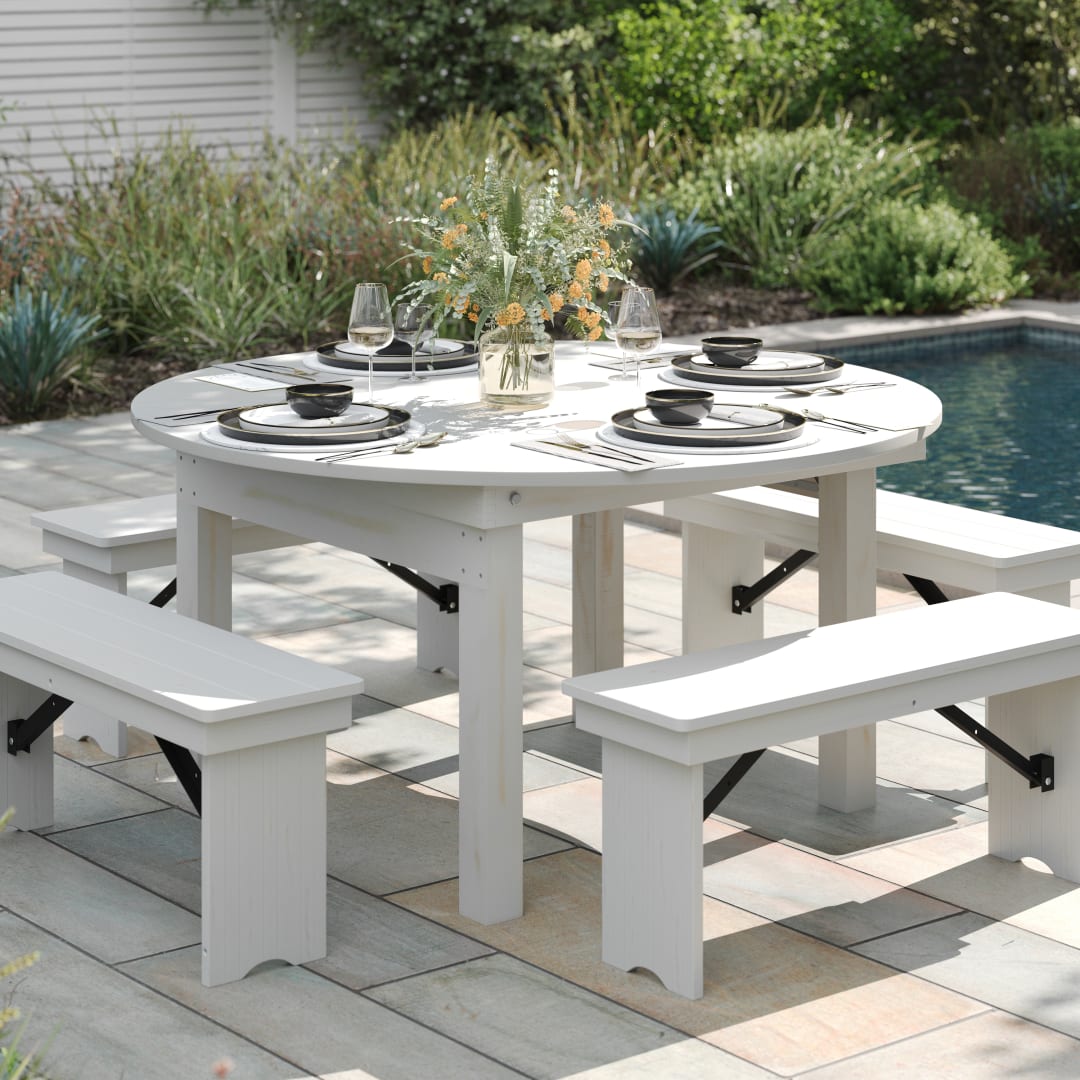 HERCULES 60" Round White Commercial Farmhouse Folding Table, Antique Rustic Solid Pine Dining Room Table with Foldable Locking Legs