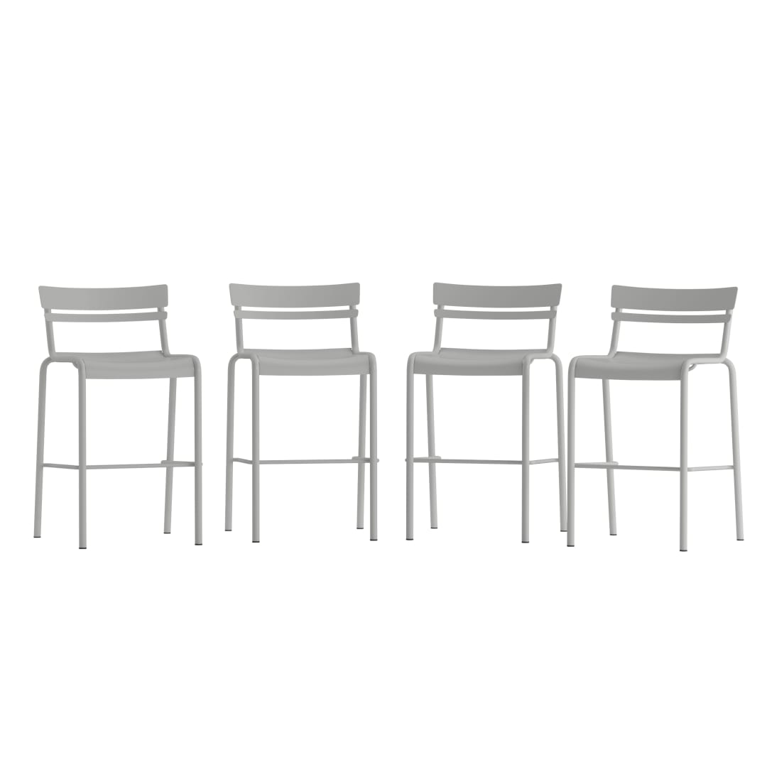 Nash Commercial Grade Silver Metal Indoor-Outdoor Bar Height Stool with 2 Slats, Set of 4
