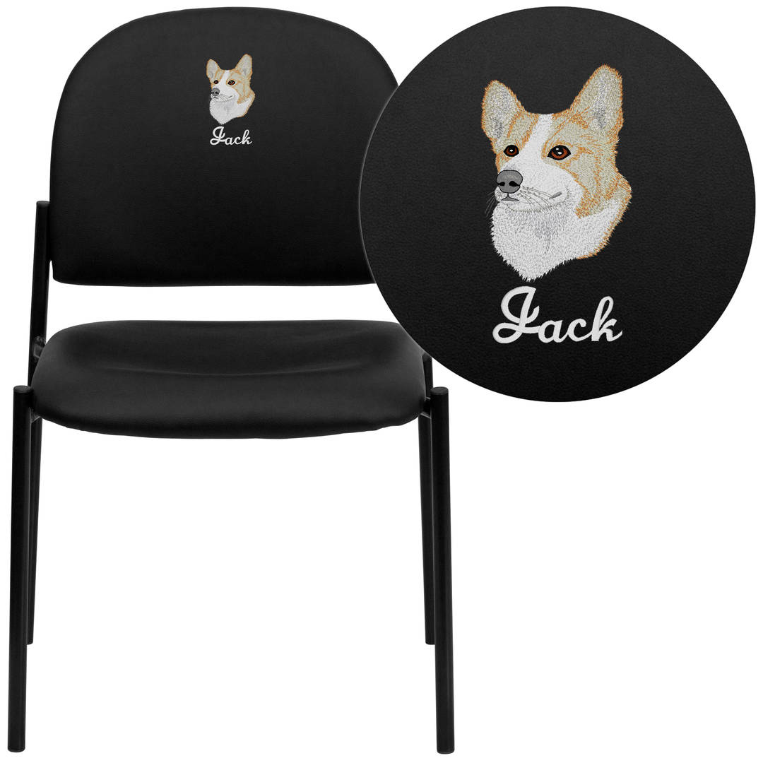 Tania Embroidered Comfort Black Vinyl Stackable Steel Side Reception Chair