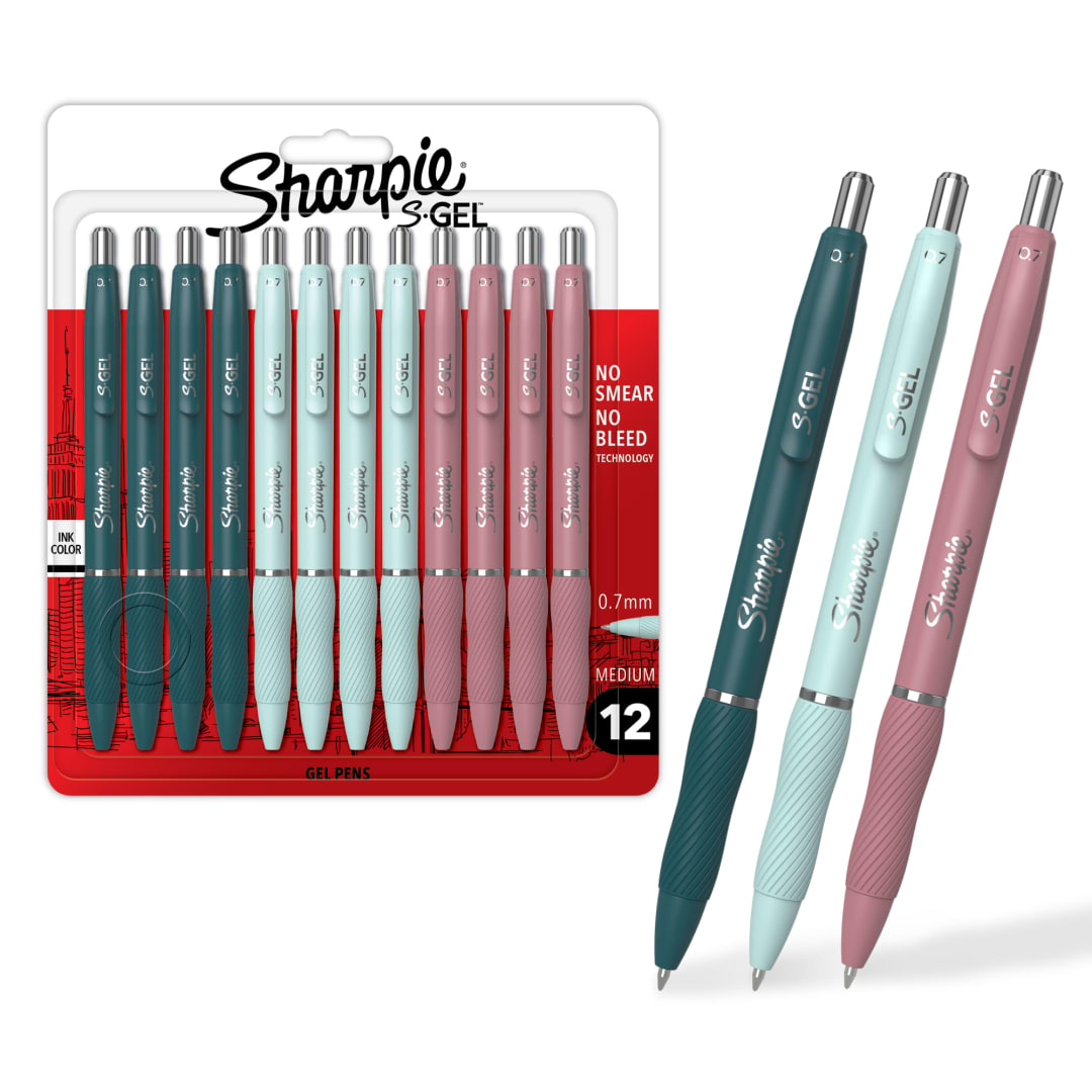 Sharpie S-Gel, Gel Pens, Medium Point (0.7mm), Assorted Fashion Barrels, Black Ink, 12 Count