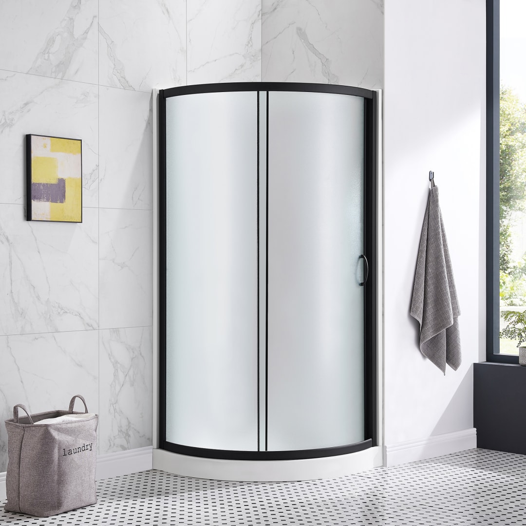 Breeze 35 in. L x 35 in. W x 77 in. H Round Corner Shower Kit in Black with Frosted Sliding Door, Acrylic Wall and Shower Base Pan