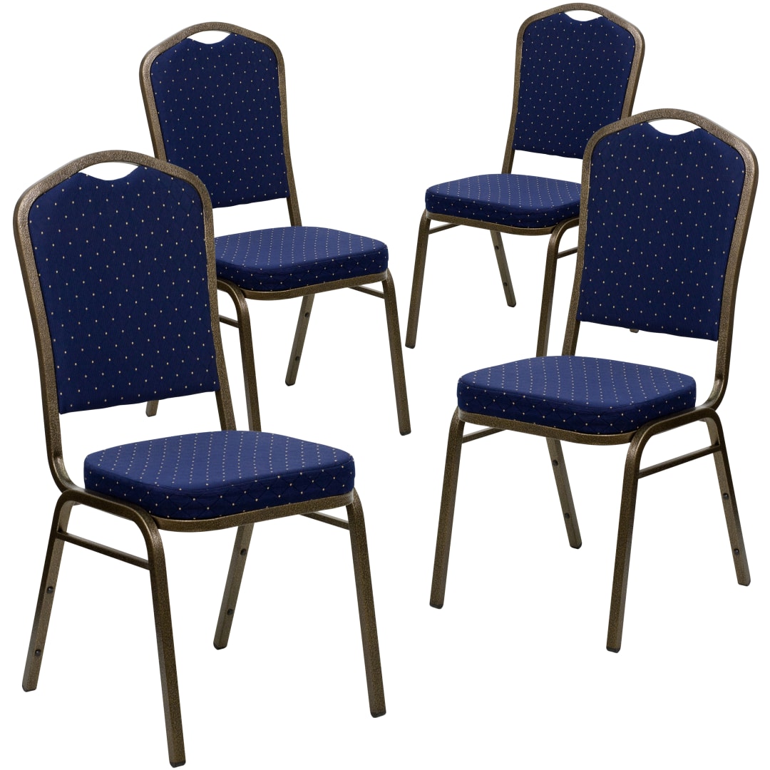 4 Pack HERCULES Series Crown Back Stacking Banquet Chair in Navy Blue Dot Patterned Fabric - Gold Vein Frame
