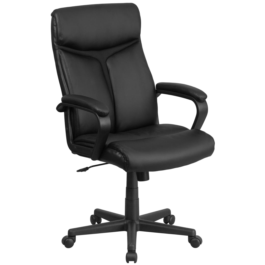 Raya High Back Black LeatherSoft Executive Swivel Office Chair with Slight Mesh Accent and Arms