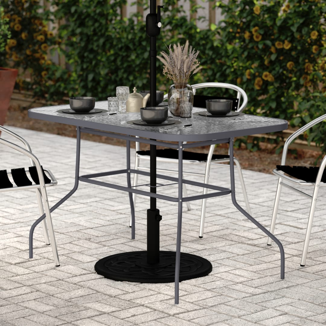 Tory Commercial Grade 27.5" x 47.25" Rectangular Patio Table with Tempered Glass Top with Umbrella Hole and Steel Tube Frame in Silver